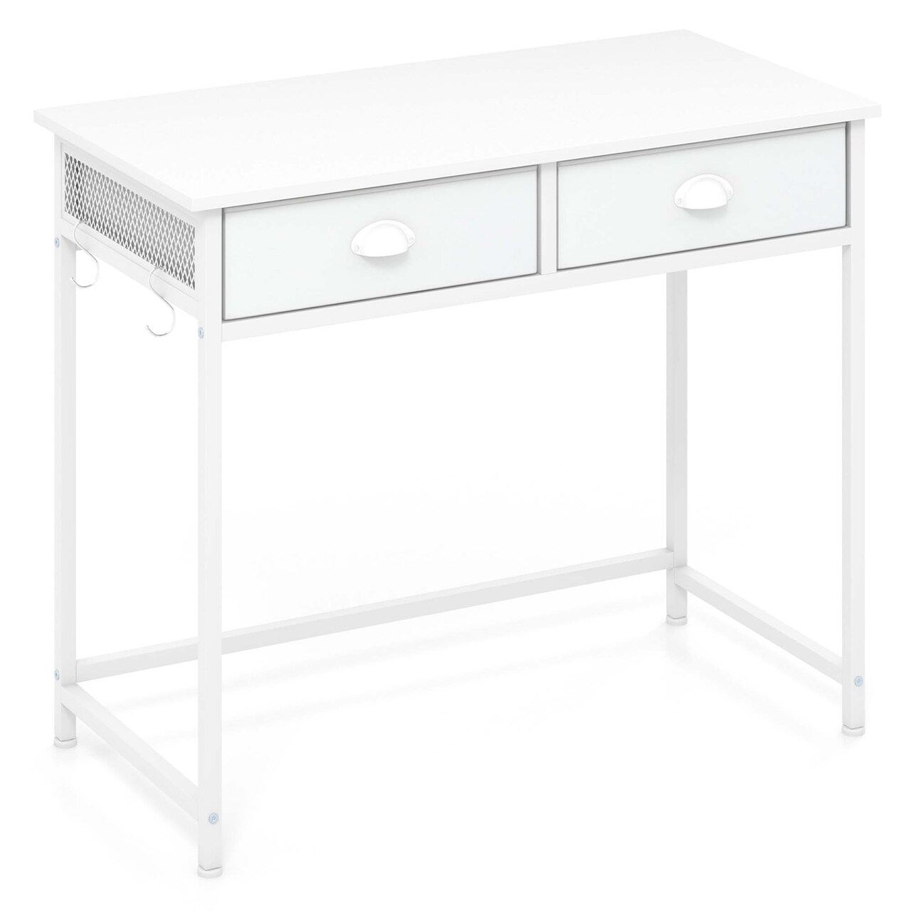 Costway Space Saving Home Computer Desk with 2 Fabric Drawers 4 Hanging Hooks & Metal Frame Brown/White